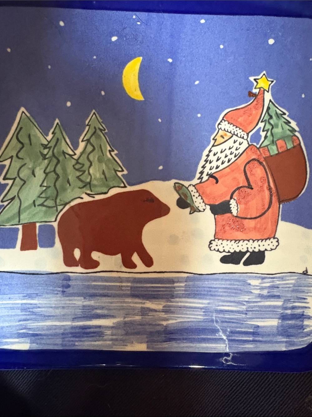 Vintage Mesa International Ceramic Trivet Hot Plate - Folk Art Santa & Bear 7"